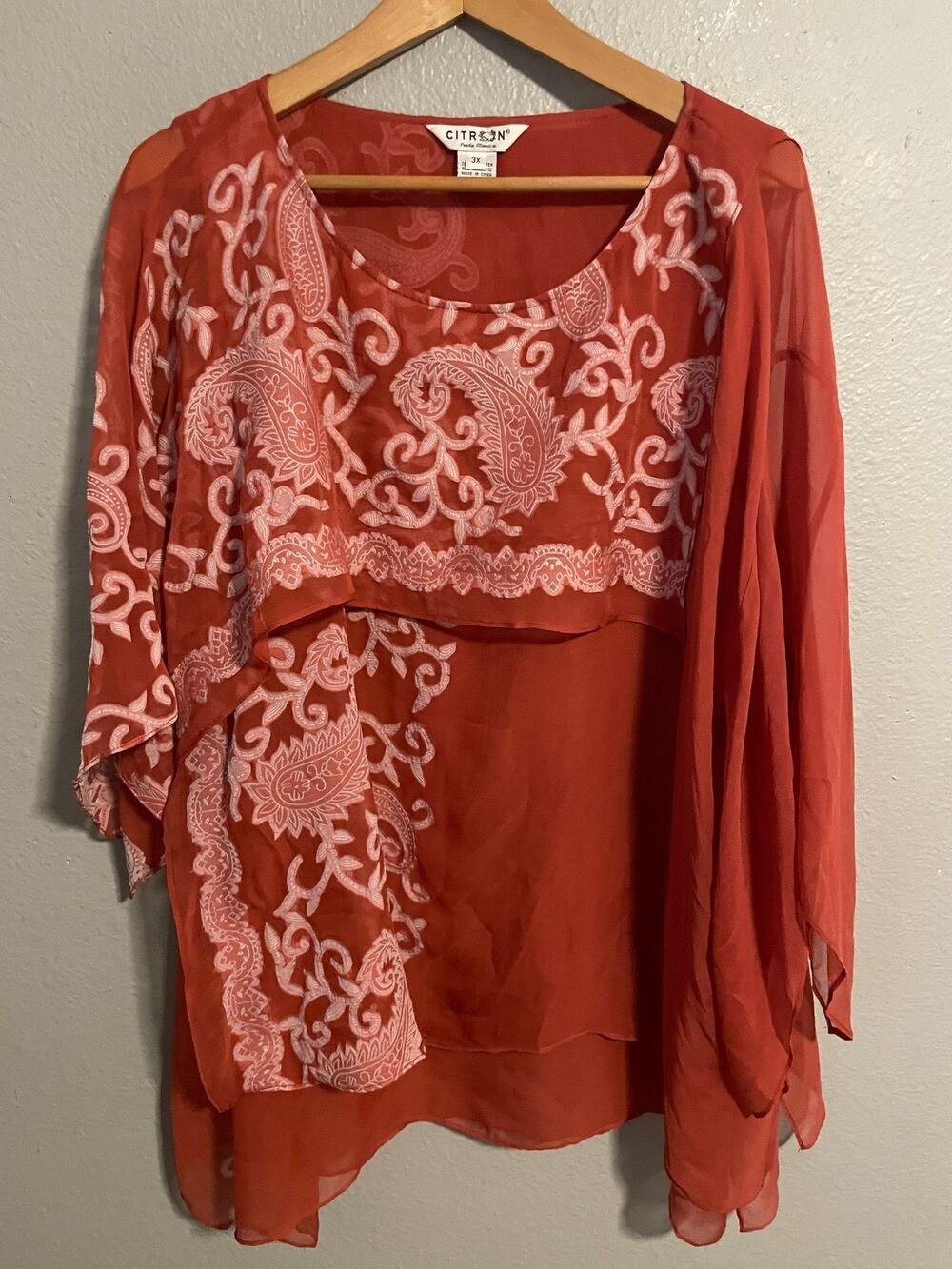 Citron Santa Monica Womens Kimono 3X Orange Paisley Silk Sheer Boho Lagenlook